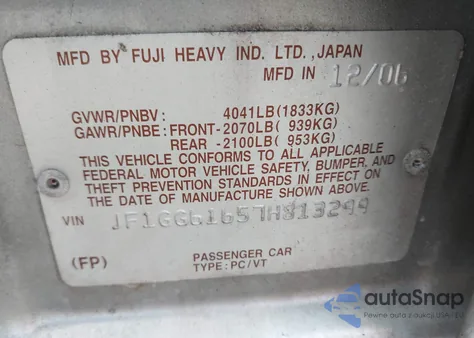 2007 Subaru Impreza 2.5I z USA, uszkodzony, nr VIN JF1GG61657H813299